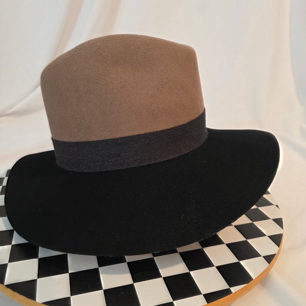 Rag & Bone New York Two-Tone Wool Fedora Hat Tan Black Wide Brim Size S - Picture 4 of 7